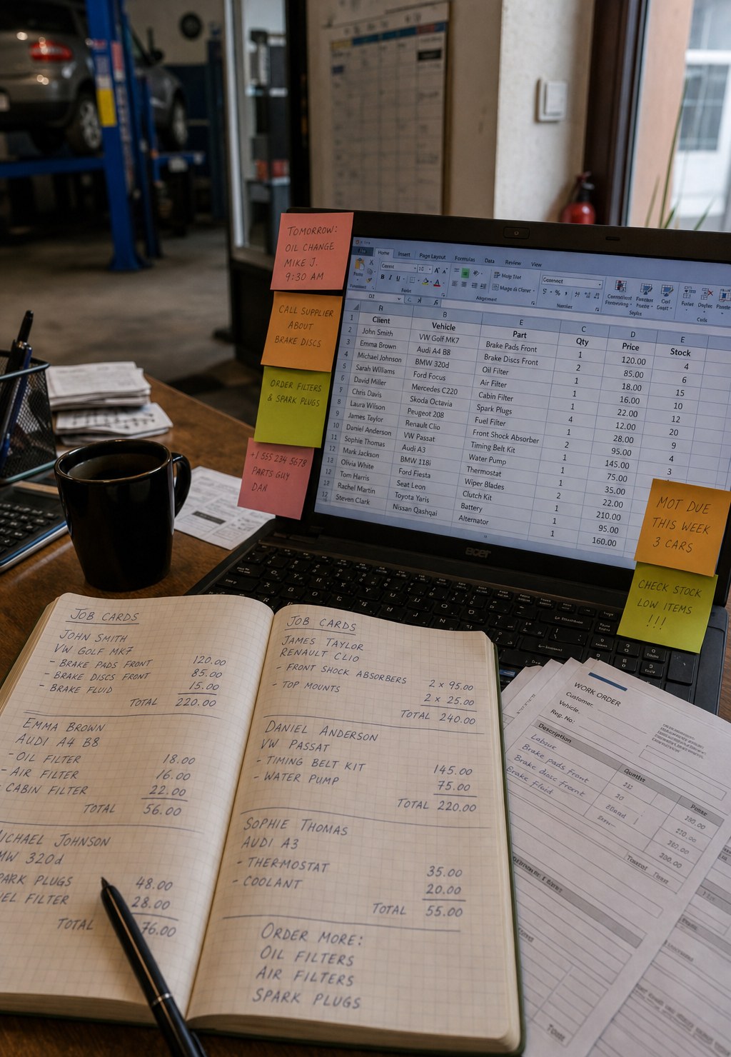 Chaotic shop admin: notebook, Excel spreadsheet and papers on a desk