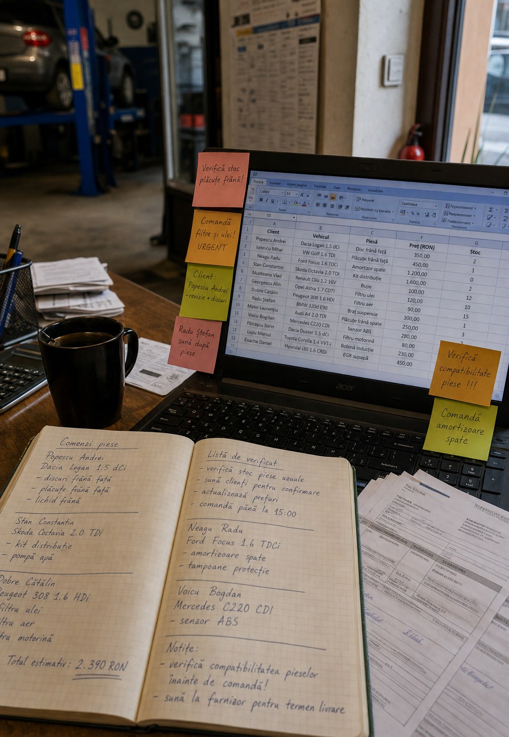 Haos administrativ: caiet, Excel și hârtii pe biroul service-ului