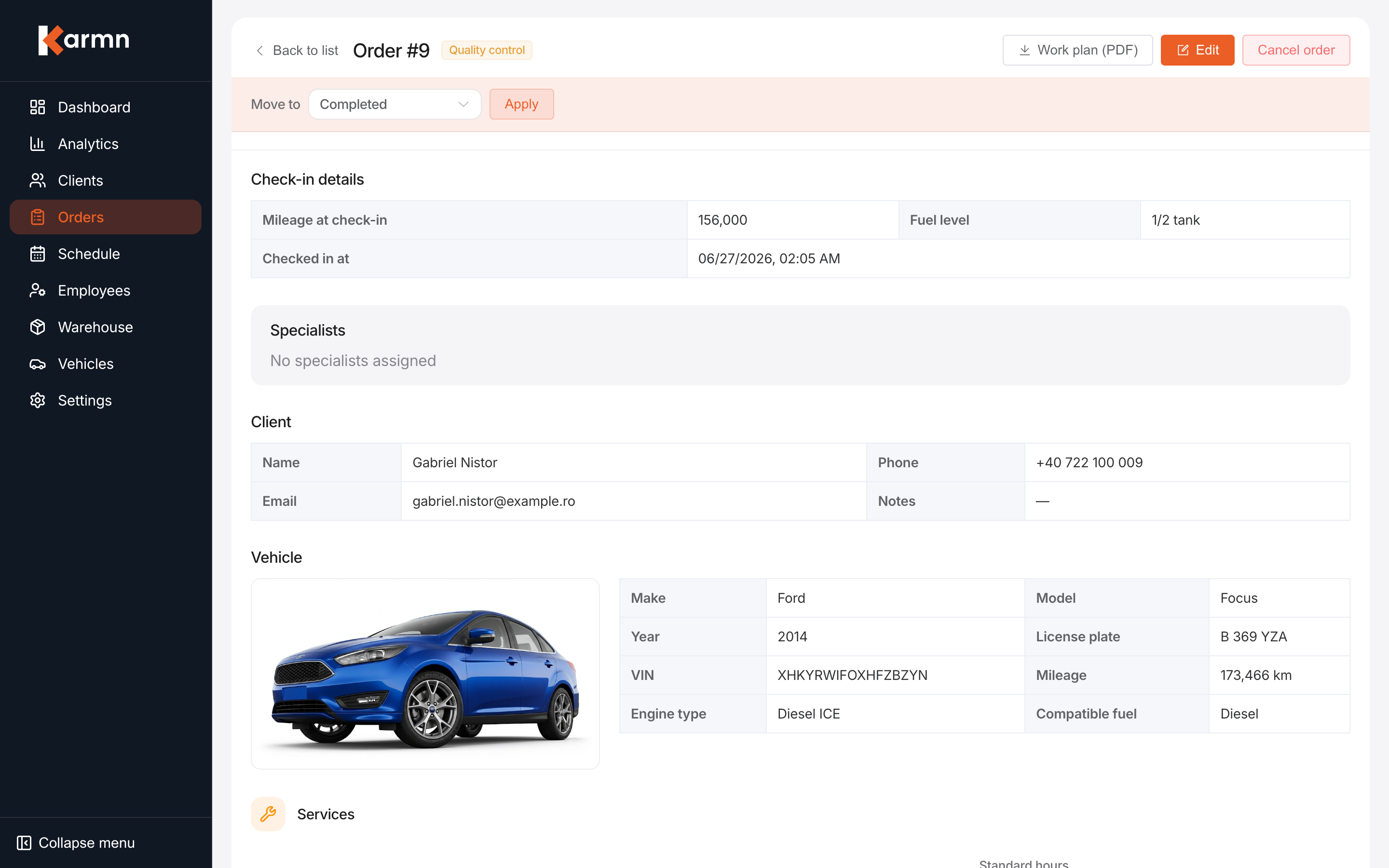 Karmn order card — customer, vehicle and services