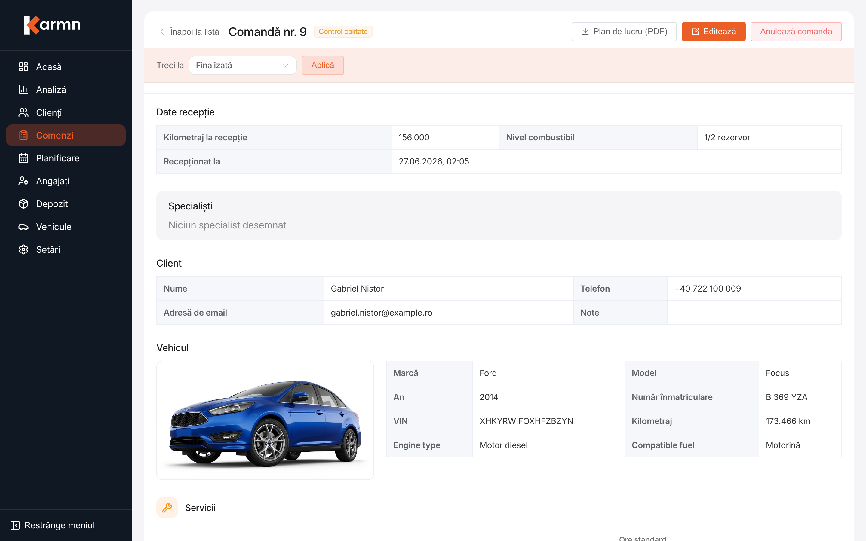 Fișa comenzii Karmn — client, automobil și servicii