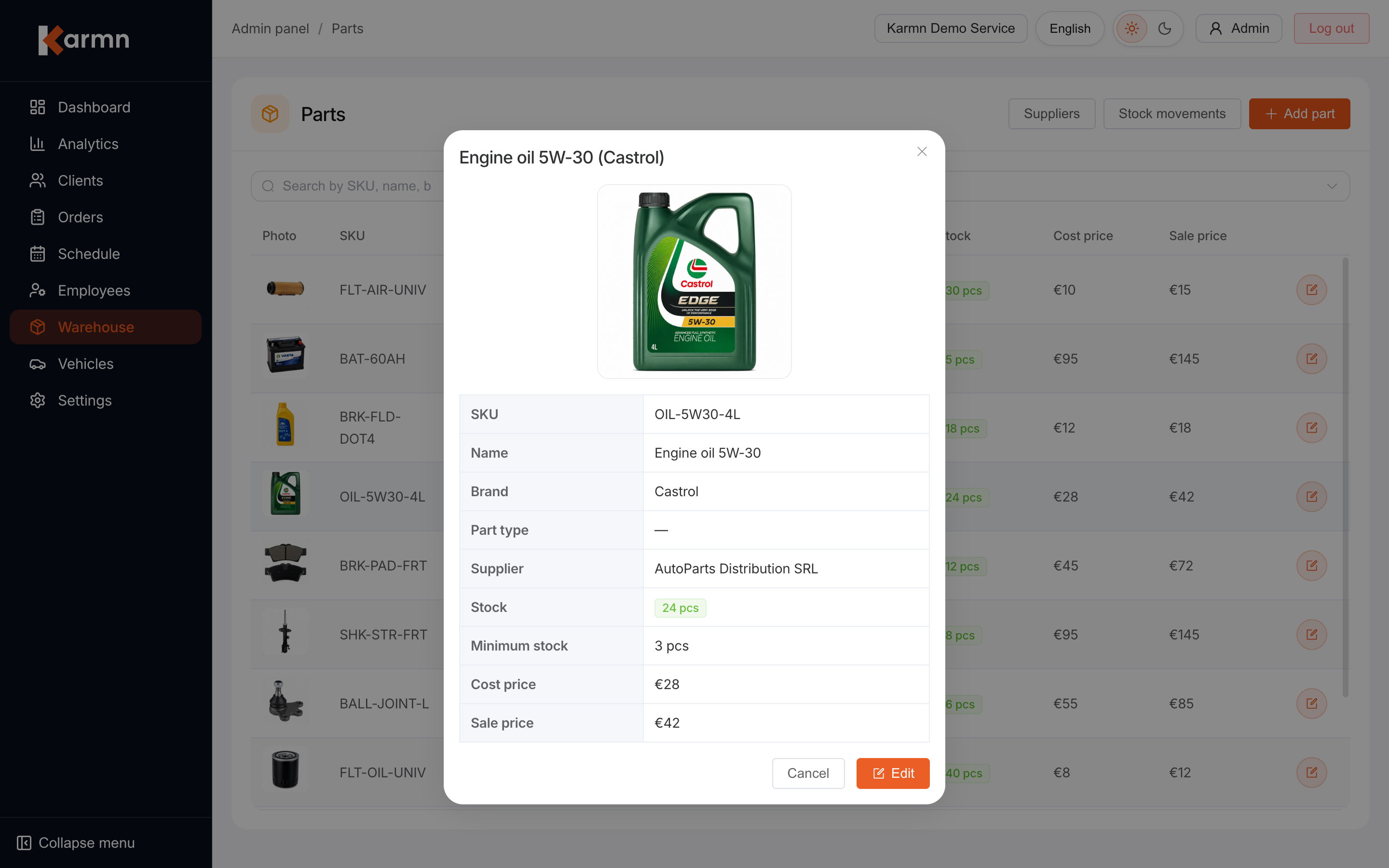 Karmn inventory — parts catalog with photos and SKUs